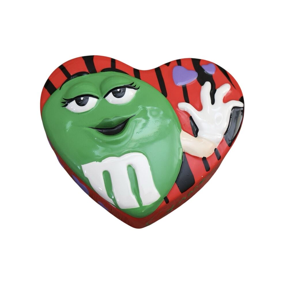 Vintage Galerie Green M&M Ceramic Red Heart Shape Candy Dish Valentine's Day